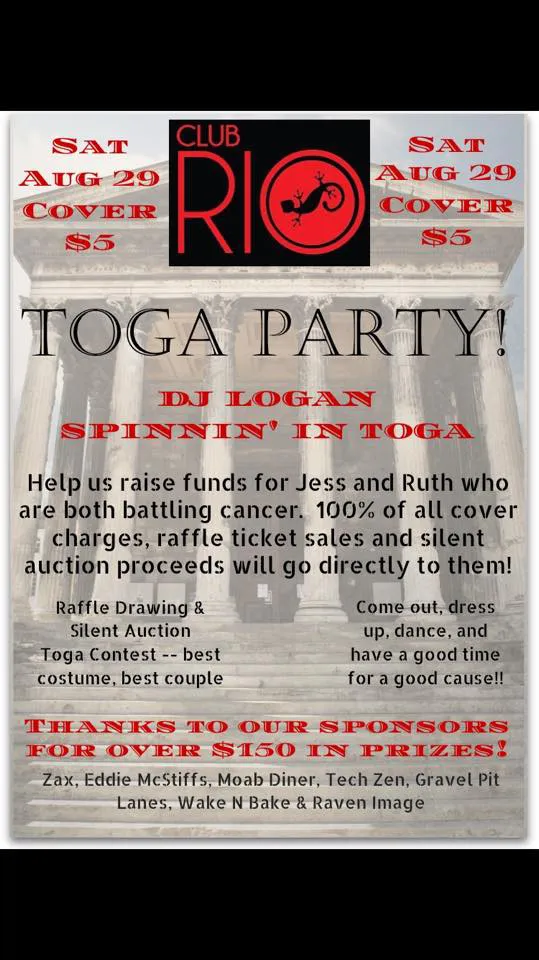 Club Rio toga party fundraiser flyer, August 29, 2015